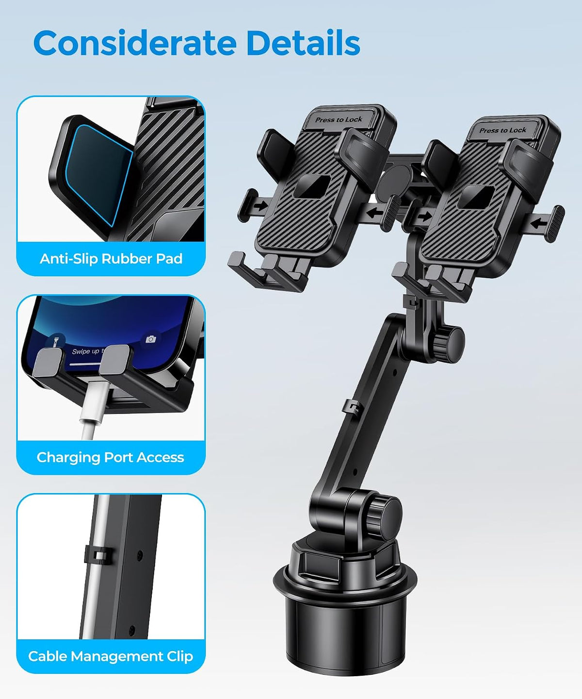 Dual Cup Holder Phone Mount for Car, 360° Adjustable Fits Two Phones