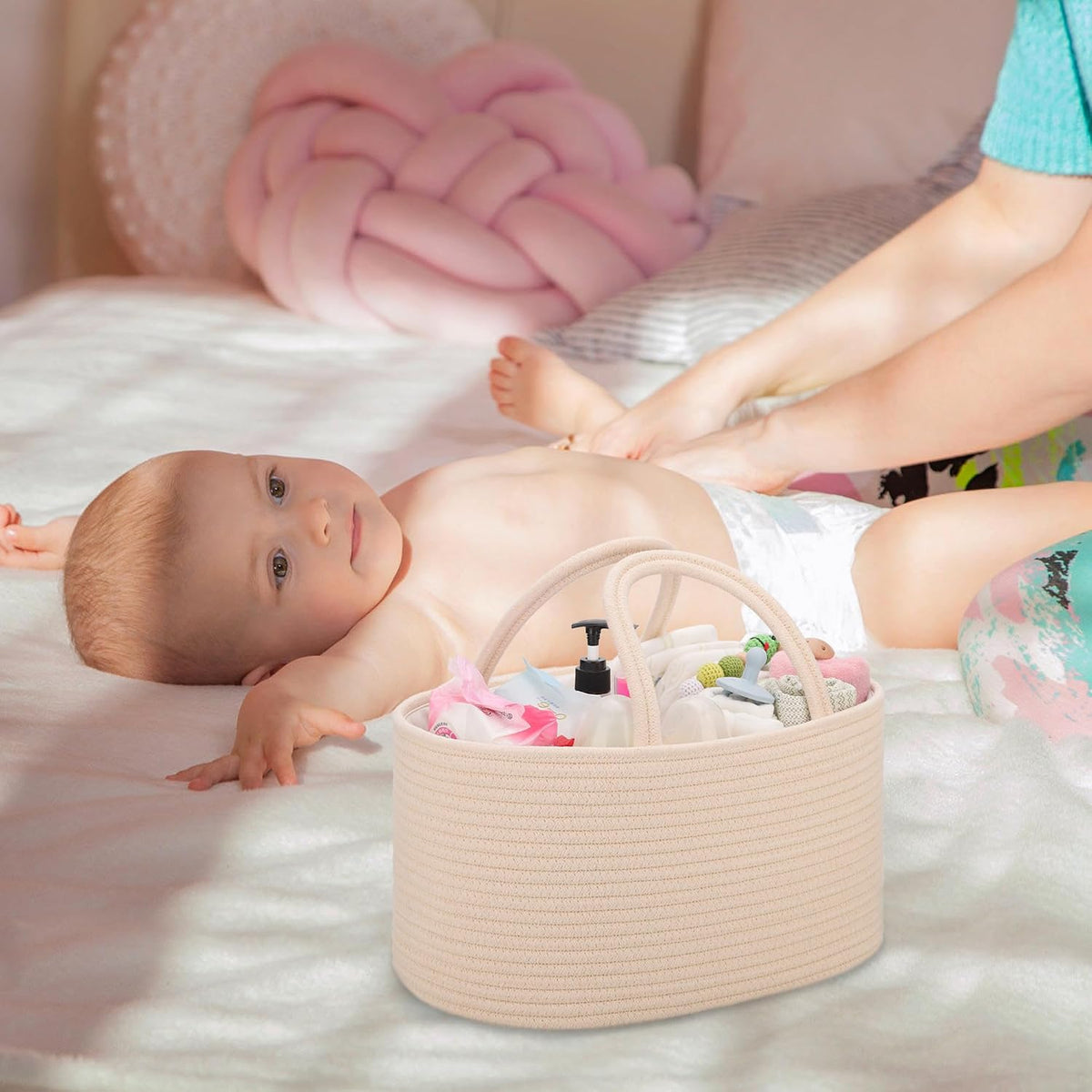 COMSE Baby Diaper Caddy Organizer, Car Caddy, Diaper Change Organizer, Gift Baskets Empty, Portable Tote Bag with Divider, Baby Shower Gifts Newborn Essentials Registry Must Have, Beige