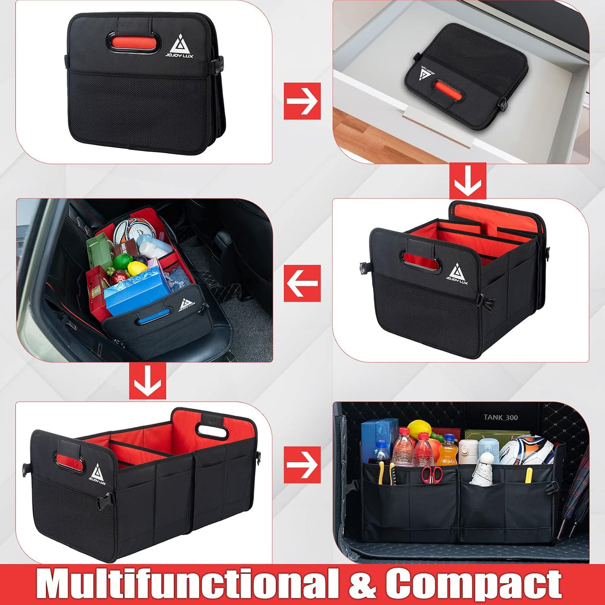 JOJOY LUX Car Trunk Organizer with Multi Compartments - Automotive Collapsible Cargo Containers with 11 Pockets &amp; Reinforced Handles, Vehicle Grocery Organizer Bin Caddy Bag for SUV Van Truck
