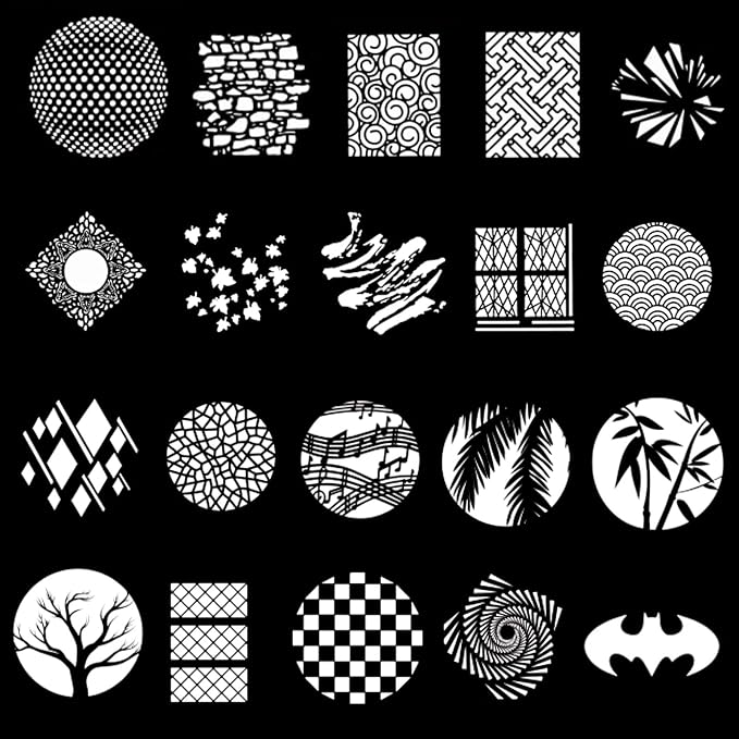 20Pcs Round Gobos Kit for Optical Snoot, 66mm/2.6in Metal Plate Patterns for