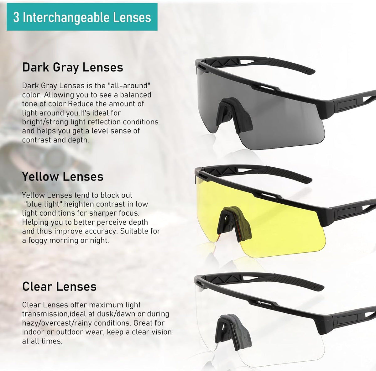 Skiennix Tactical Eyewear - Anti-Fog Sports Glasses with 3 Interchangeable Lenses & UV400 Protection
