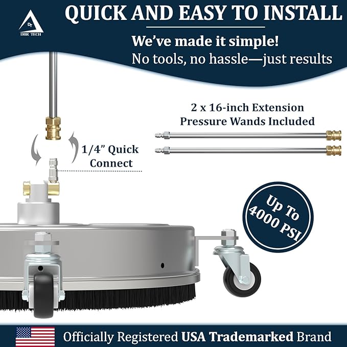 Pressure Washer Accessories Surface Cleaner Attachment 16.5" – Concrete Driveway Pressure Washer Surface Cleaner with Wheels, Stainless Steel Rotating Nozzle, ¼” Quick‑Connect, Up to 4000 PSI