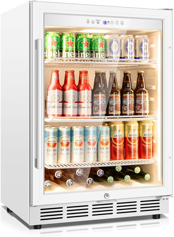 24" Beverage Refrigerator Glass Door Reversible White | Built-in/free, fast cool, <38dB, temp memory, glass+lock, 37-65°F, 190 can
