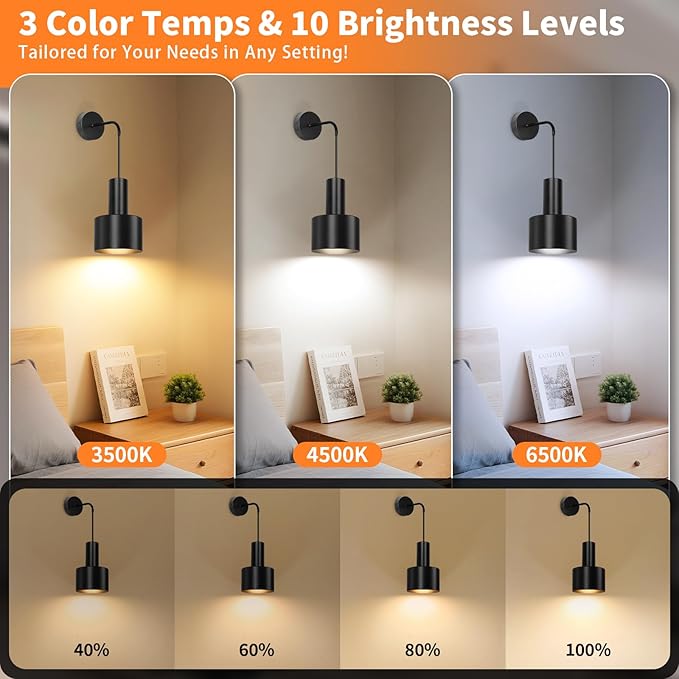 VerRon Rechargeable Battery Operated Wall Sconce Set of Two, Black Wireless Battery Powered Lights with Dimmable Detachable Bulbs & Remote, Modern Sconces Wall Decor for Bedroom Living Room Hallway