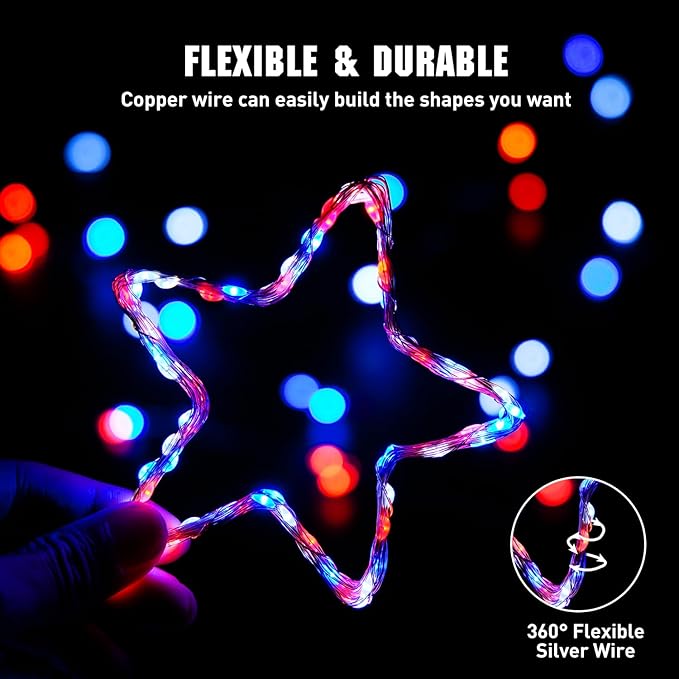 JMEXSUSS 4 Pack 50LED 4th of July Decorations Red White and Blue Lights, 16ft 4th of July Fairy Lights Battery Operated, Patriotic Fairy Lights Indoor for Independence Day Memorial Day Decor
