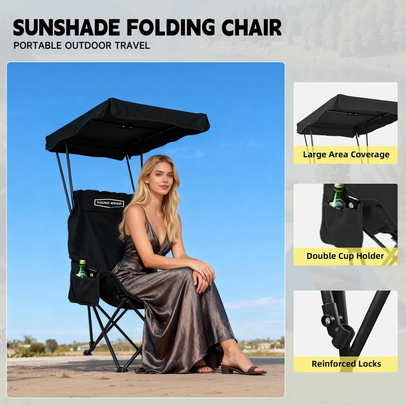 YOUNG WOOD Portable Camping Chair Beach Chair with Shade Canopy, Fold Lightweight Oversized for All, Easy to Open and Close Without Installation, Side Pocket Design for All Outdoor Activities, Black