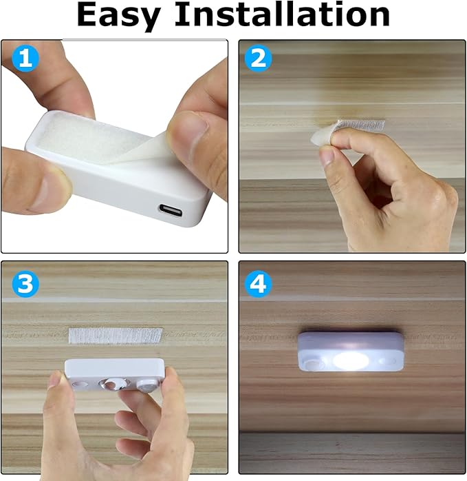 LED Motion Sensor Puck Lights, Rechargeable Cabinet Lights, Stick on Wireless LED Night Light for Closet, Drawer, Shelf, Under Cabinet, Daylight White 4Pack, USB Charging Cord Included