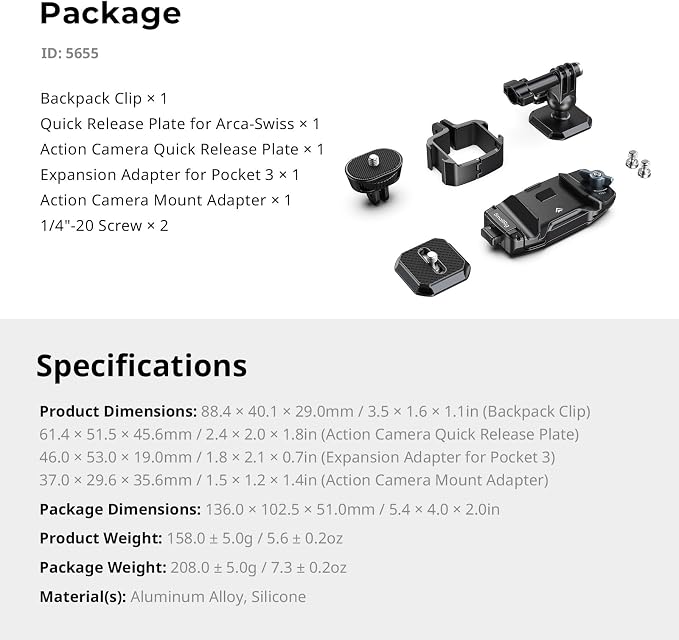 SMALLRIG Universal Three-in-One Camera Clip Kit, Quick Release System, Backpack
