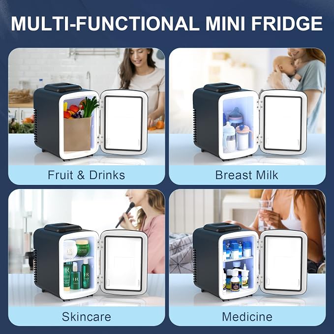 Mini Fridge for Bedroom, 4 Litre/6 Cans Portable Mini Refrigerator with AC/DC Power for Office, Dorm and Car, Thermoelectric Electric Cooler & Warmer Skincare Fridge for Drinks, Food, Cosmetics
