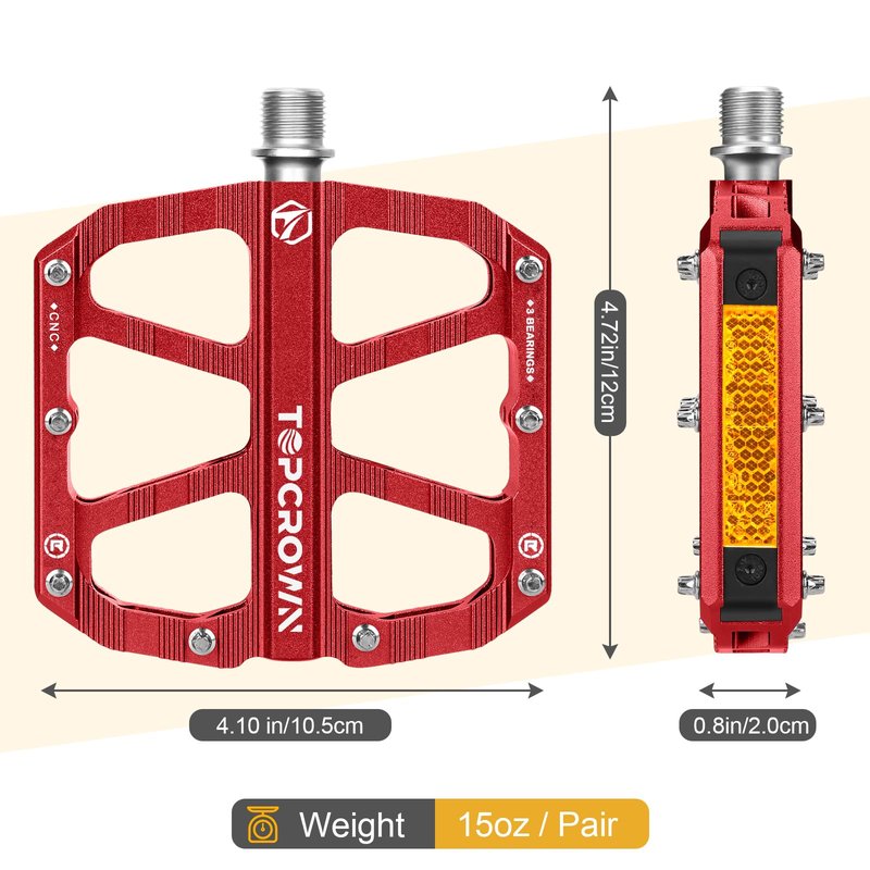 Topcrown Mountain Bike Pedals with Reflectors, Aluminum Metal Bicycle Flat Pedals 9/16" - 3 Sealed Bearings, Non-Slip Wide Platform with Removable Pins for MTB, Road Bike, BMX, Ebike (Red)
