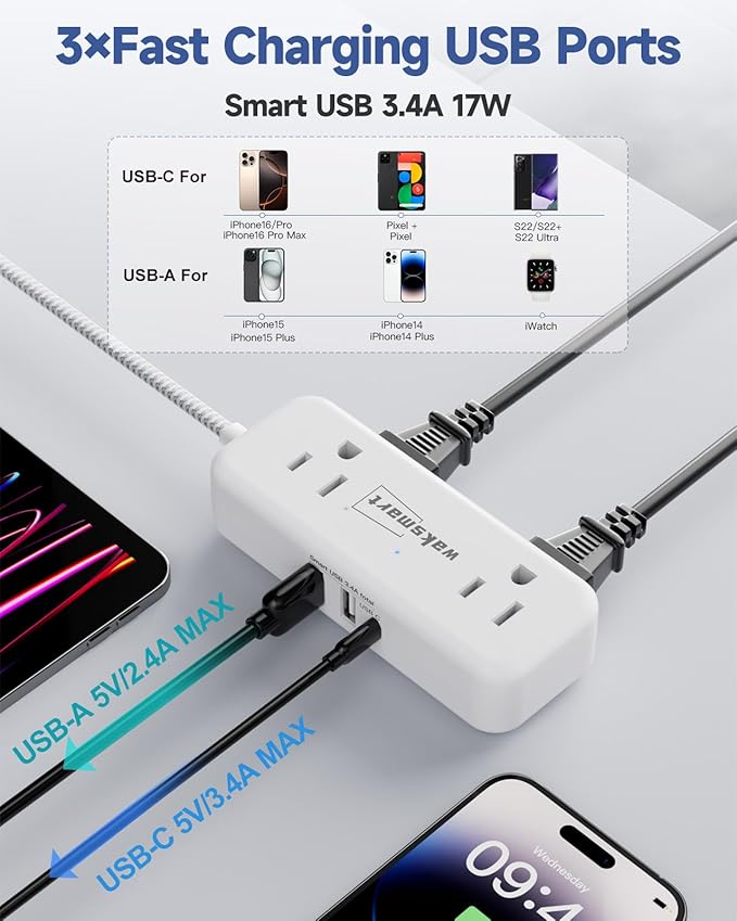 Flat Plug Extension Cord 20 FT with 4 AC Outlets 3 USB Ports (5V/3.4A 17W), 20Ft Long Braided Cord for Home Office College Dorm