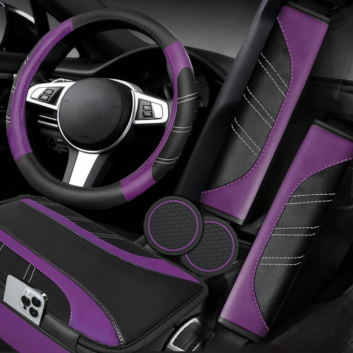 NBTEPEM 6 Pcs Purple Steering Wheel Cover Set, Sport Microfiber Leather Steering Wheel Cover 14.5-15inch Universal, Car Center Console Cover, Seat Belt Cushion, Cup Coasters, Purple Car Accessories