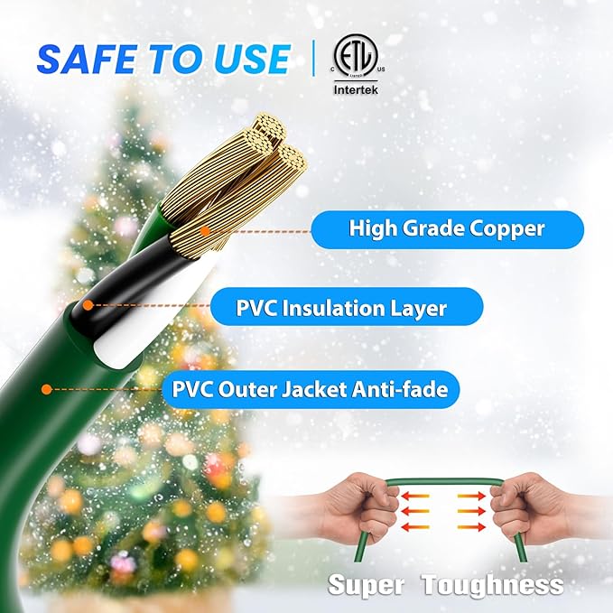 K KASONIC - 31FT Christmas Lights Outdoor Extension Cord with Mutil Outlets, ETL Listed Heavy Duty Electrical Cord with Protective Covers, Weatherproof Extension Cord for Outside, 16AWG/1625W, Green
