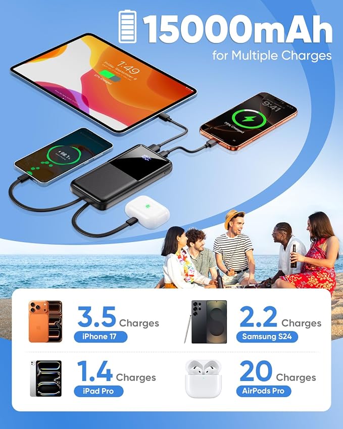 Portable Charger Power Bank - 15000mAh Battery Pack 22.5W Fast Charging Built-in Cable, Portable Phone Charger for iPhone All Models Samsung Android, Airline Friendly Camping Travel Essentials, 1 Pack