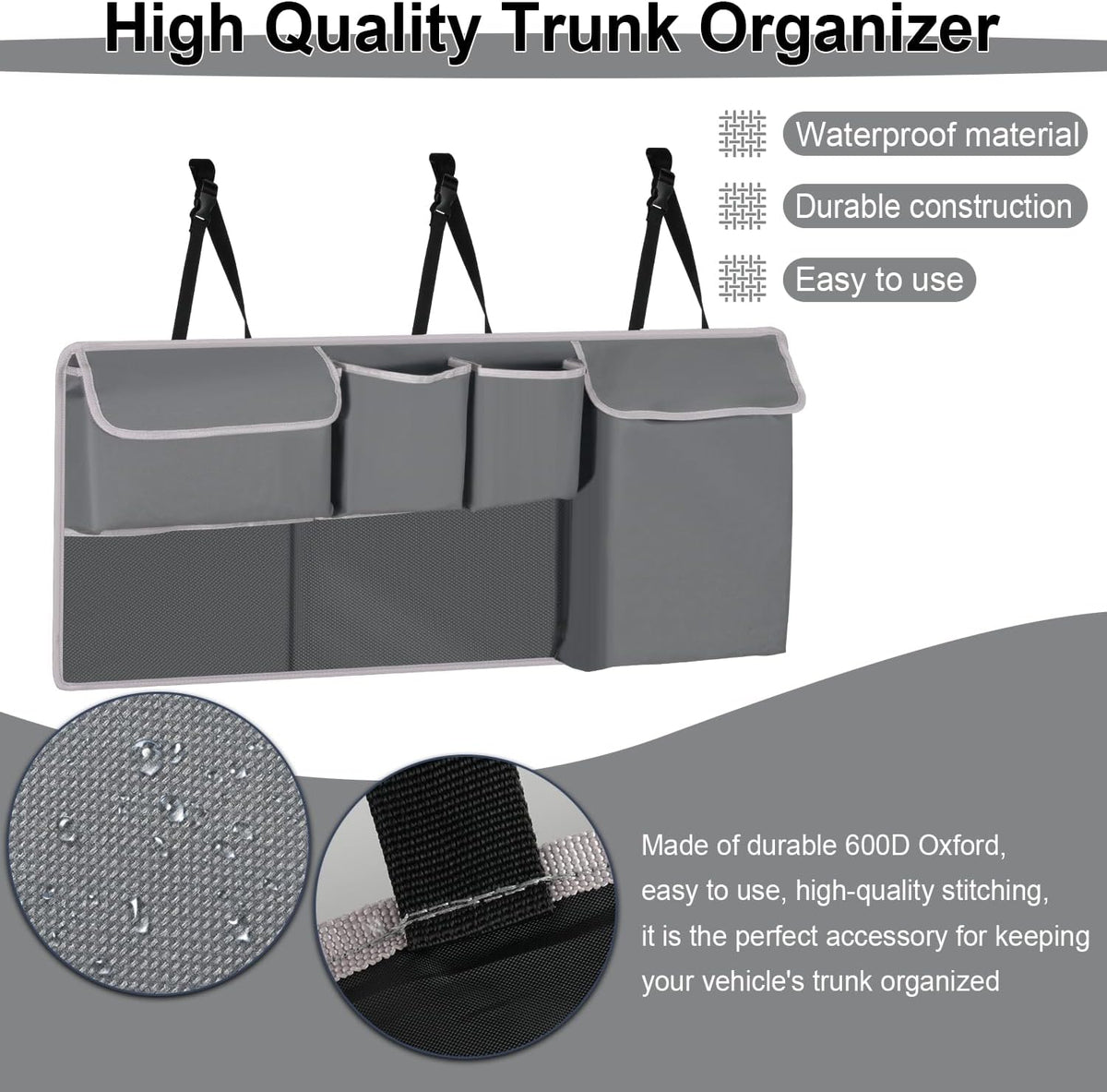 UYYE Trunk Hanging Organizer, Backseat Storage Bag, Collapsible Car Interior Accessories with 4 Pockets & 2 Mesh Pouches for Tools, Provide More Storage Trunk Space for SUV, Jeep, MPVs (Grey)