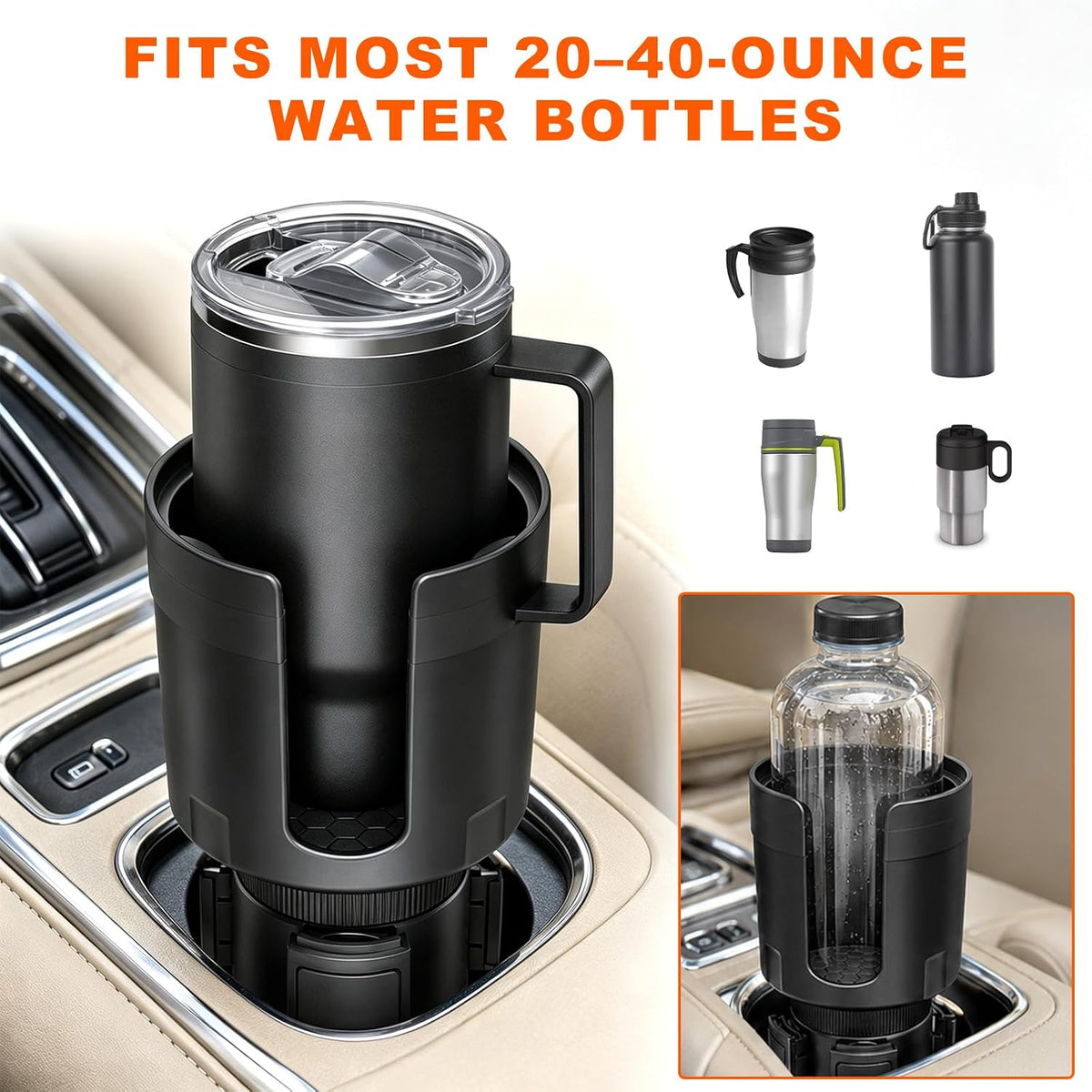 Car Cup Holder Extender, Expandable Auto Cup Holder Adapter with Adjustable Base & Rubber Pad, Waterproof Vehicle Bottle Holders Expander Fits Most Bottles, Car Accessories