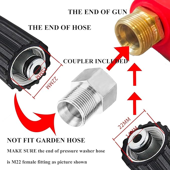 Hourleey Pressure Washer Gun, Red High Power Washer Gun with Replacement Wand Extension, 5 Nozzle Tips, M22 Fittings, 40 Inch, 5000 PSI
