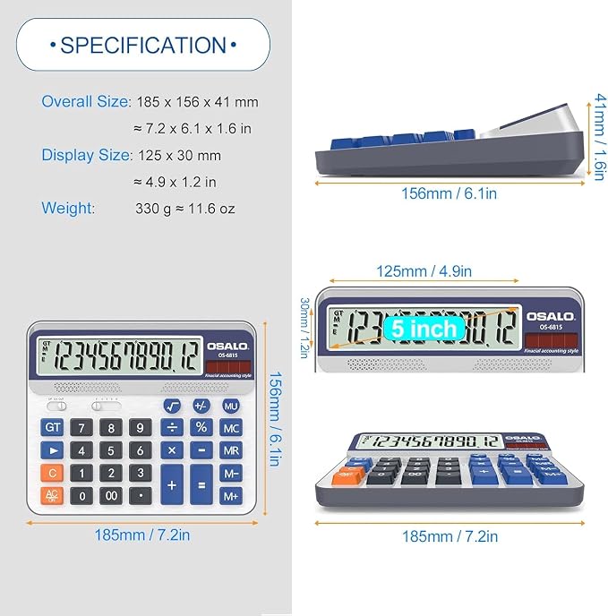Desktop Calculator Extra Large 5-Inch LCD Display 12-Digit Big Number