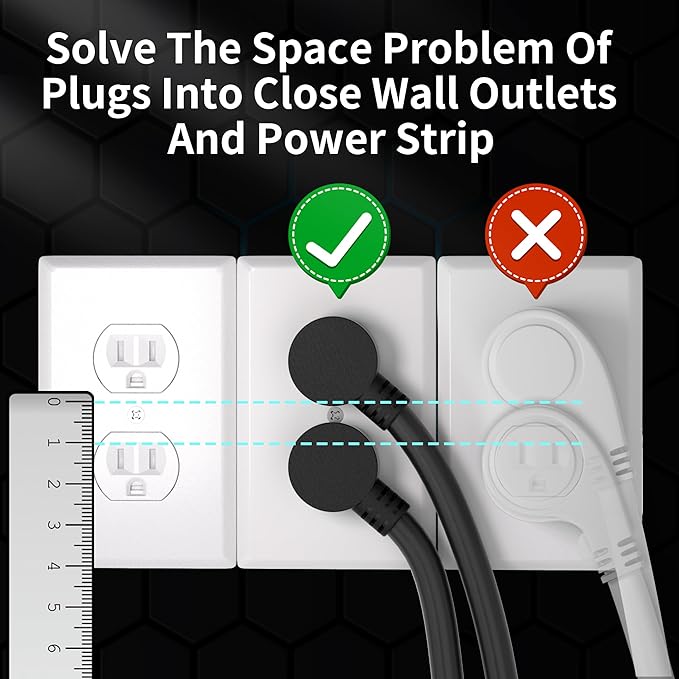 HUANCHAIN 14 Gauge 6 Feet Flat Plug Extension Cord Black Indoor Outdoor, Heavy Duty 3 Prong Grounded Low Profile Extension Wire Flexible, 15A 1875W 125V 14AWG SJTW, ETL Listed