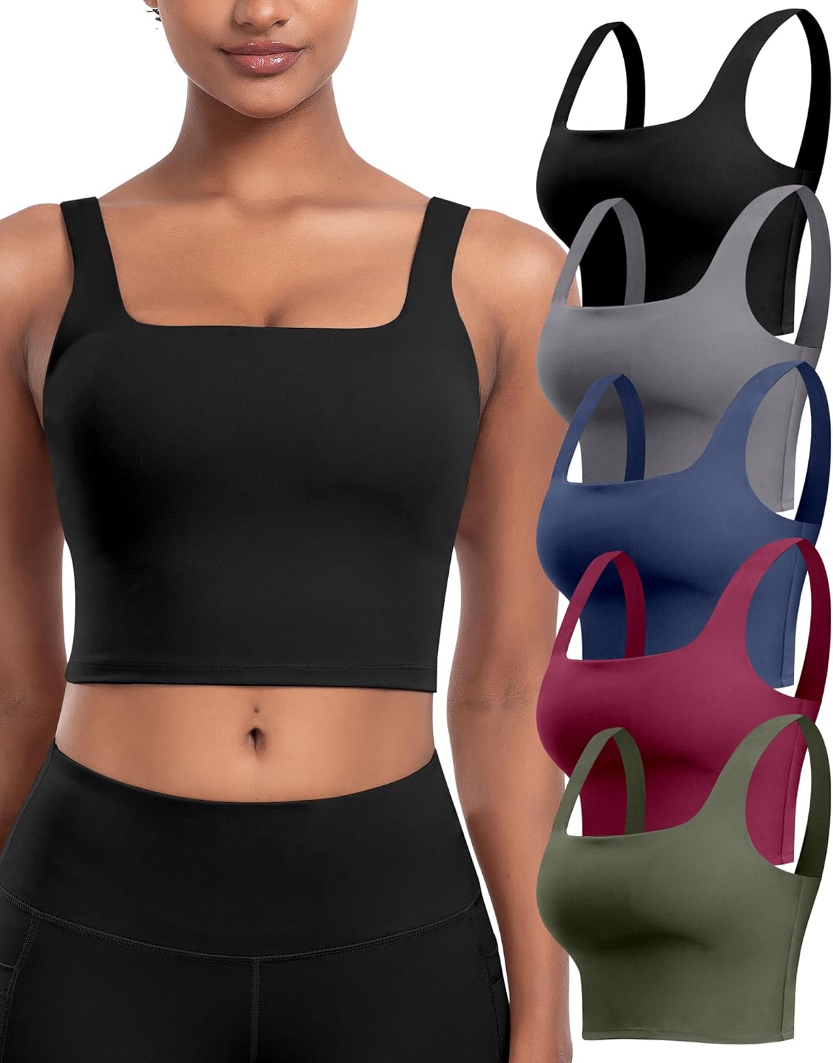 Skiennix Women's Sports Bras - 5-Pack Square Neck Longline Workout Crop Tops | Padded Yoga Camisoles