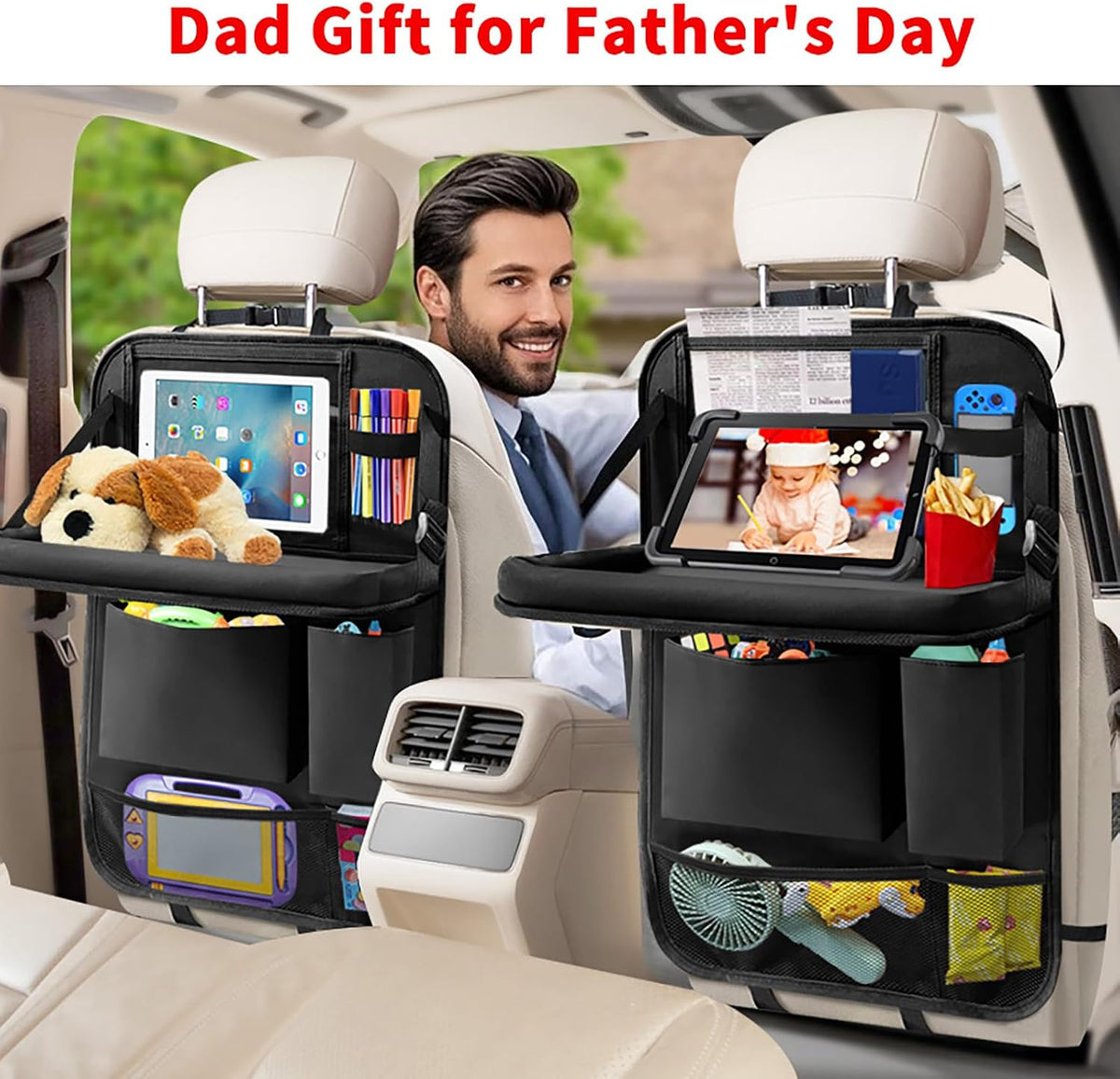 Car Backseat Organizer with Tablet Holder, 6 Storage Pockets Foldable Table Tray Seat Back Protectors Kick Mats Travel Accessories, 2 Pack Black