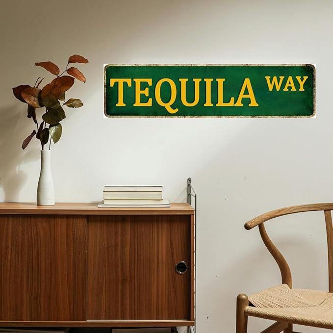 Funny Tequila Way Street Tin Sign - Vintage Metal Wall Decor for Home Bar - 4x16 Inch
