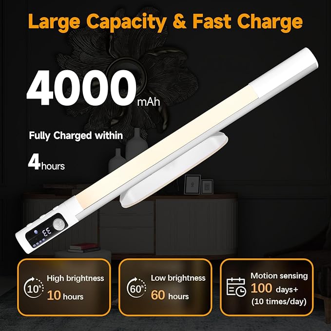 RAHAN Battery Powered Operated Wall Strip Lights, Rechargeable Magnetic LED Light Bar with 3 Color Modes, Dimmable Under Desk Light for Reading, Under Shelf, Wall, Workshop, Cabinet, Closet, Kitchen