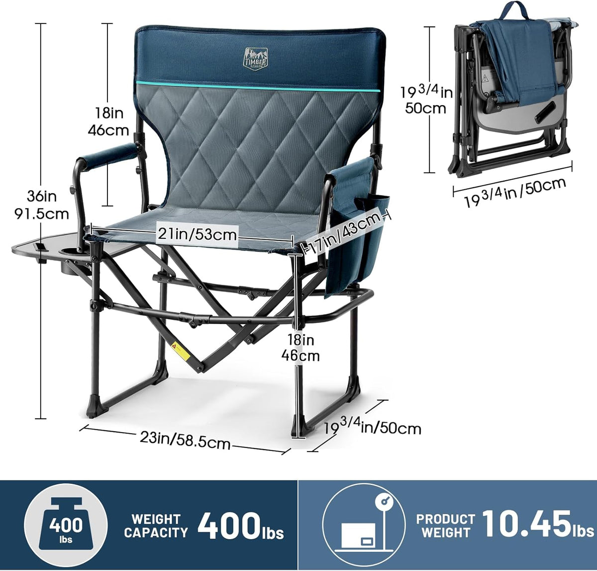 Timber Ridge Camping Chair - Heavy Duty Aluminum Folding Chair with Side Table Pocket | Blue, 400lbs Capacity