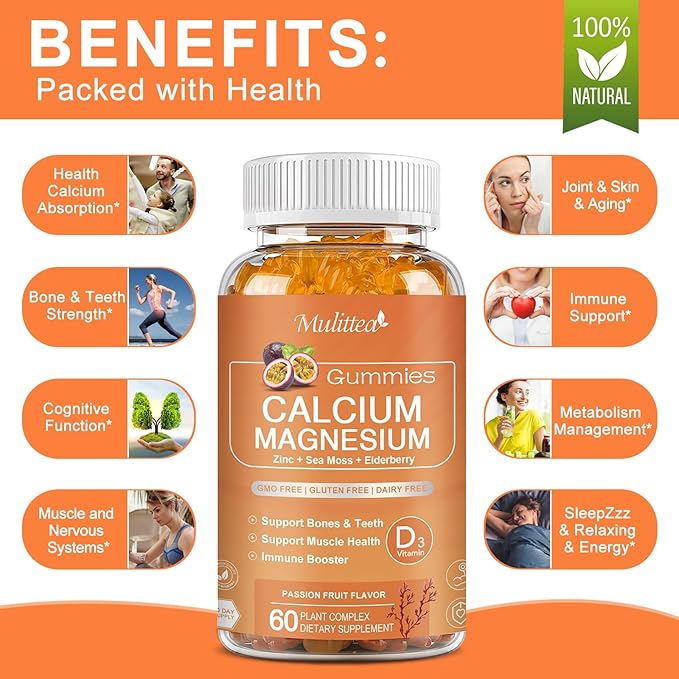 Calcium Gummies with D3,Zinc - Plant Complex Calcium Magnesium Supplement with Glycinate,Potassium,Vitamin C &Whole Natural Food for Bone & Immune Support- Chewable Gummy Sugar-Free -(1pack)