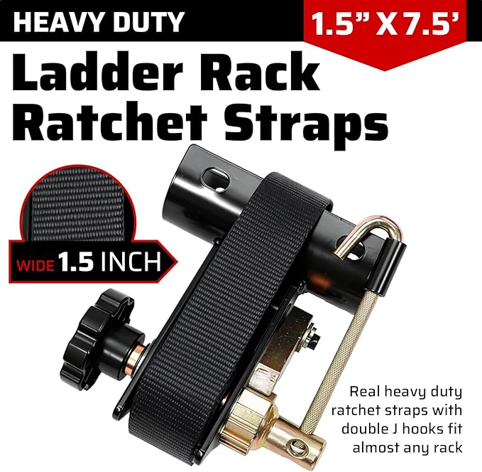 Black Rack Straps with J-Hook (4PK),1.5" x7.5' Ladder Rack Ratchet Straps, 2" Round Tube Mount, Perfect Ladder Rack Tie-Downs for Trailer Cargo Control