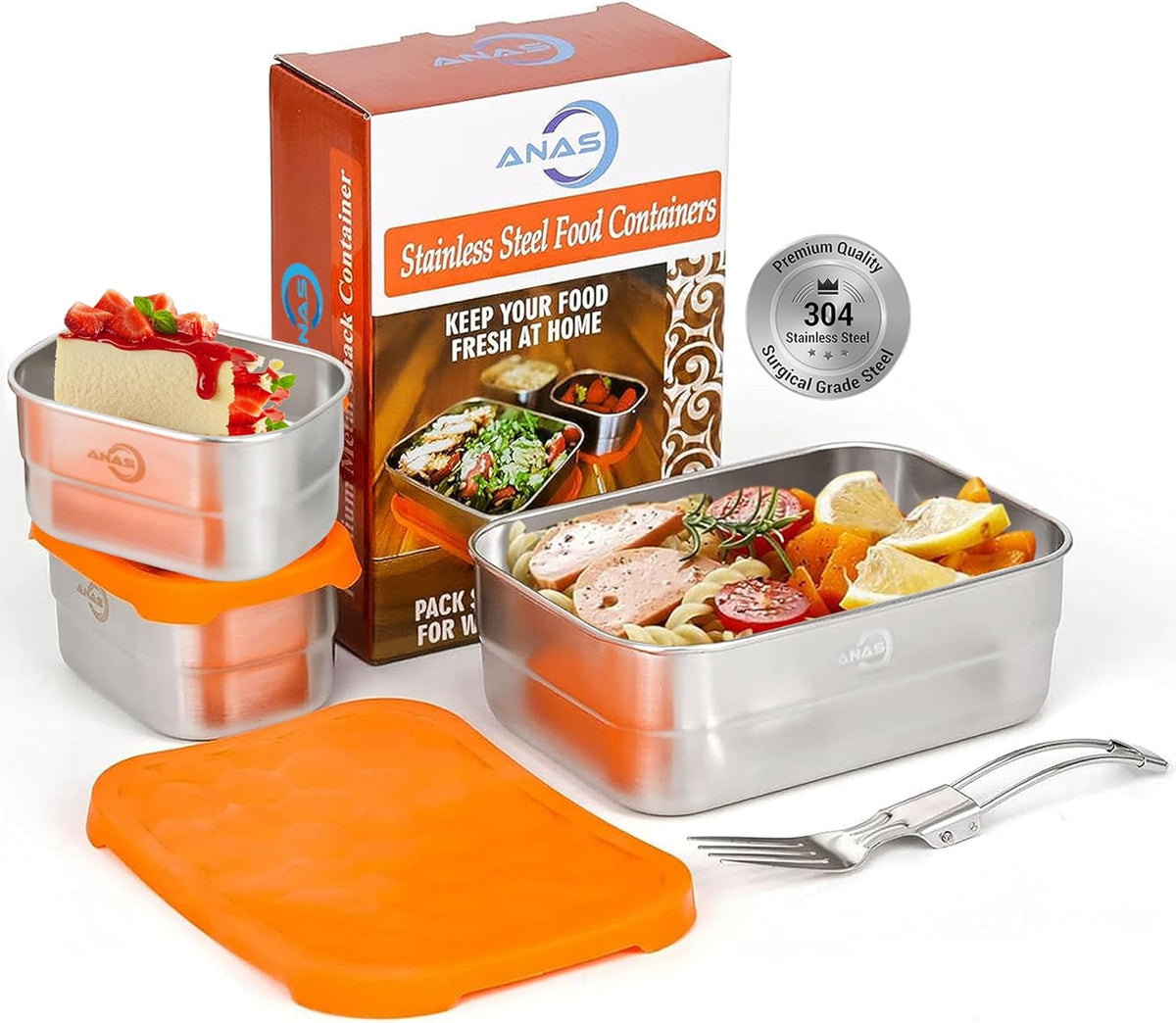 Anas 3-PK of Metal Food Storage Containers with Lids - Stainless Steel, Compact Stackable, Leak Proof, Dishwasher Safe and Microwavable for Lunch, Work, School Travel, Bento Box