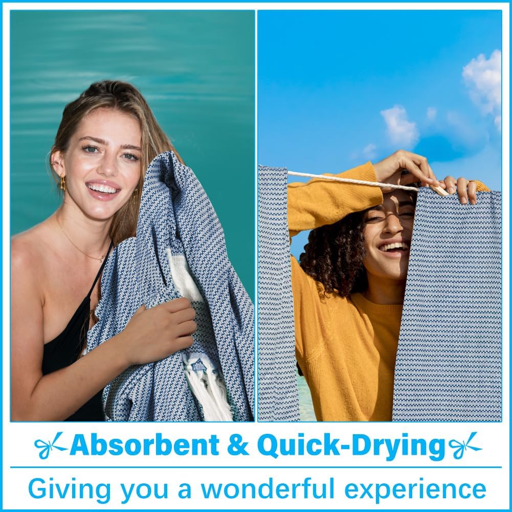 Skiennix Oversized Turkish Beach Towel - XXL Cotton Sandproof Blanket | Boho Woven Design in Blue