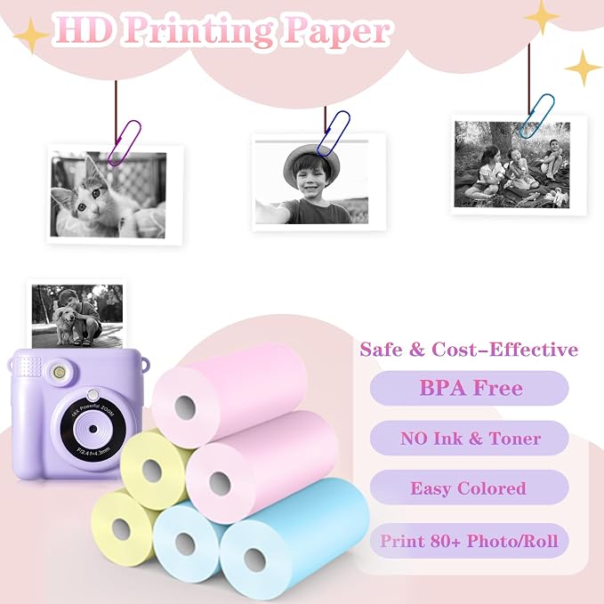 6 Rolls Kids Camera Instant Print Refill Paper Set, Phetium HD Printing Thermal