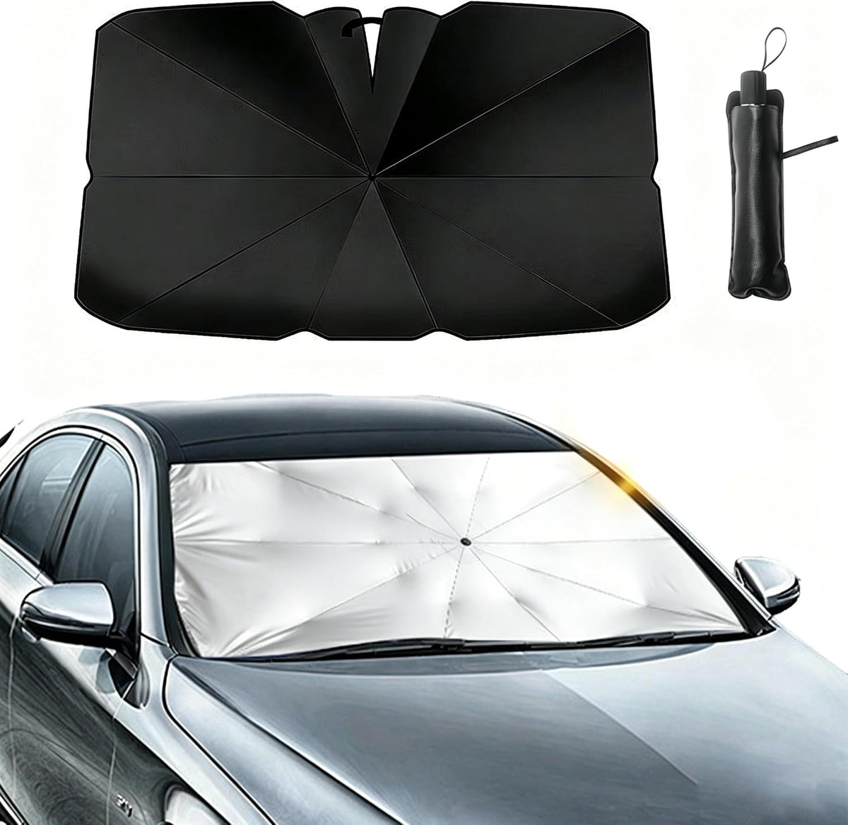 2026 Car Windshield Sun Shade Umbrella, Foldable Front Window Sunshade, 5-Layer UV Block & Heat Insulation Protection, Medium 55"x31" for Mid-Size Sedan