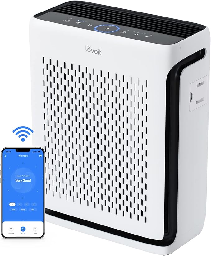 LEVOIT Air Purifier for Home Pets Bedroom Dorm Room Washable Pre-Filter | Quiet HEPA Sleep Mode for Pets, Allergens, Pollen, Smoke, Smart Monitor, AHAM VERIFIDE, Up to 1073Ft², Vital 100S-P, White