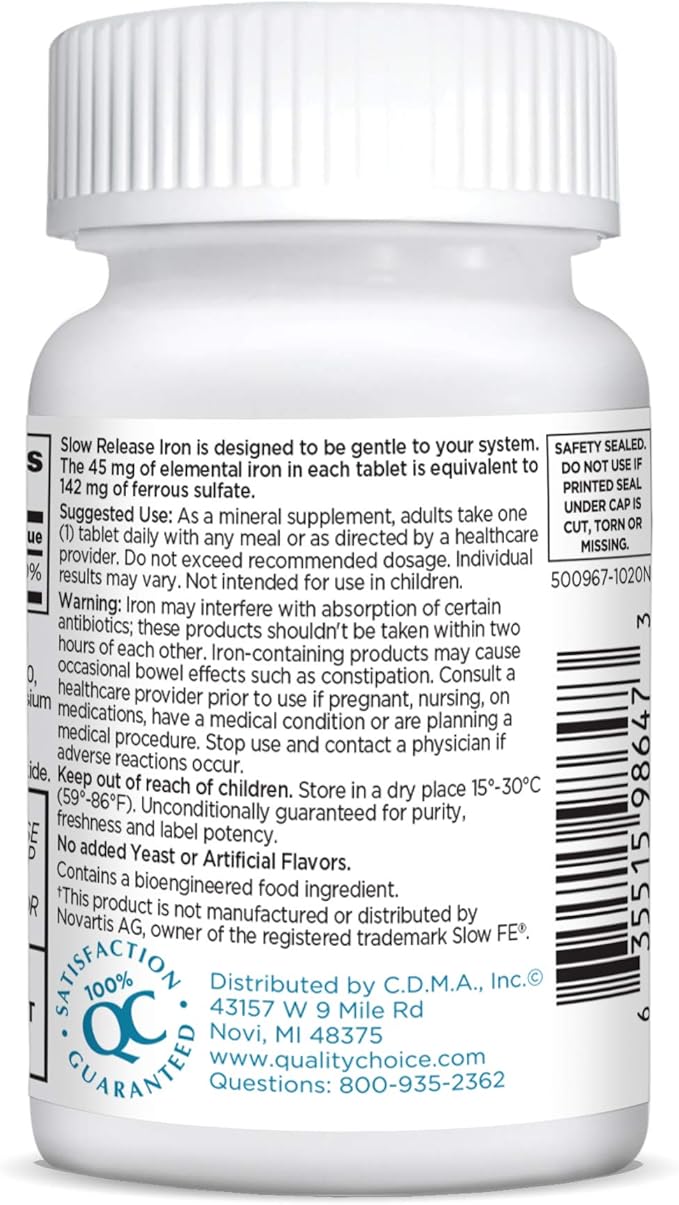 Quality Choice Iron High Potency Slow Release Tablets, 45mg, 60 Tabets Each (Pack of 2)