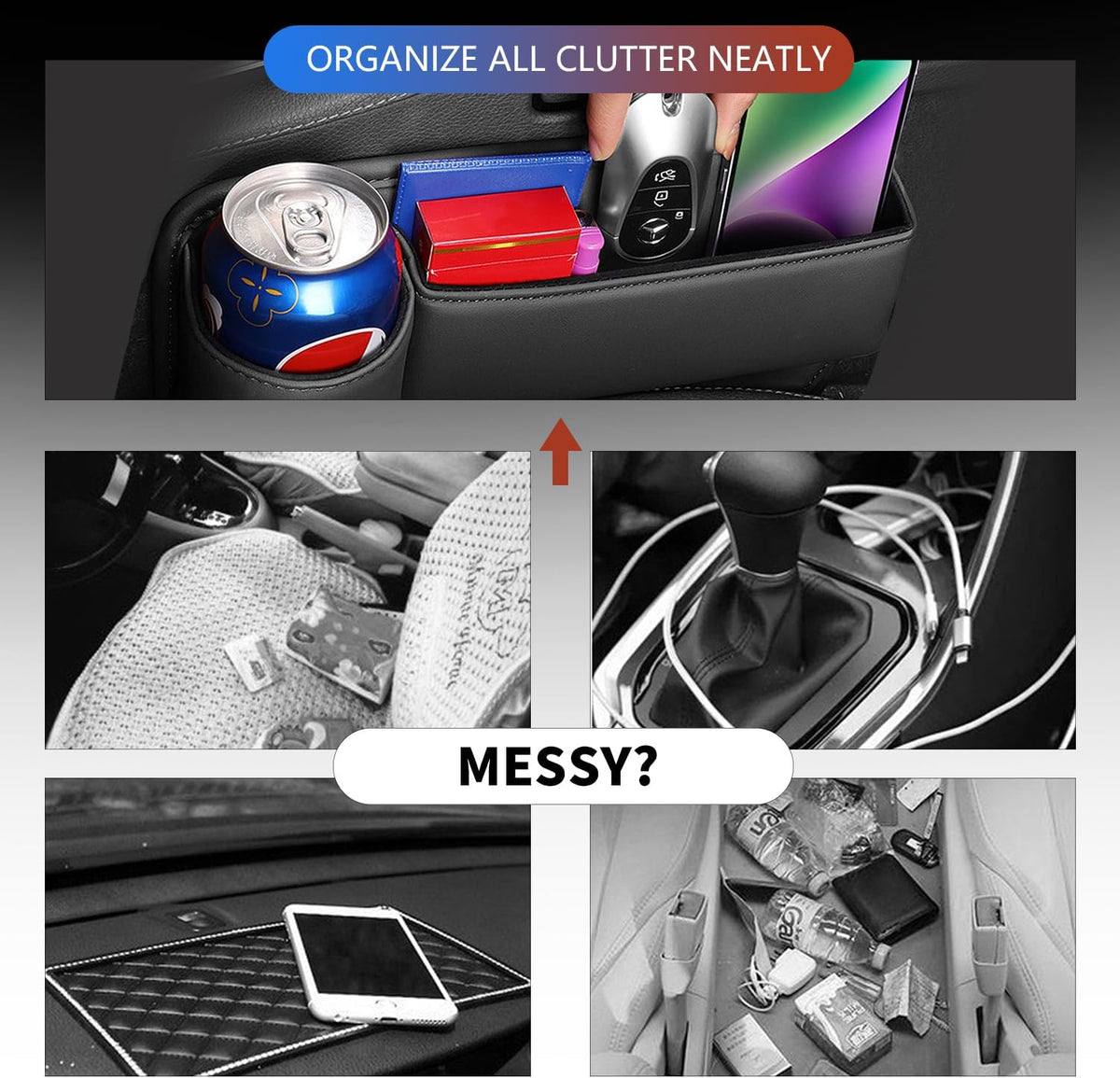 Car Leather Cup Holder Gap Bag, Car Seat Gap Filler Organizer with Water Cup Holder and Phone Charging Hole (White, A Pair)