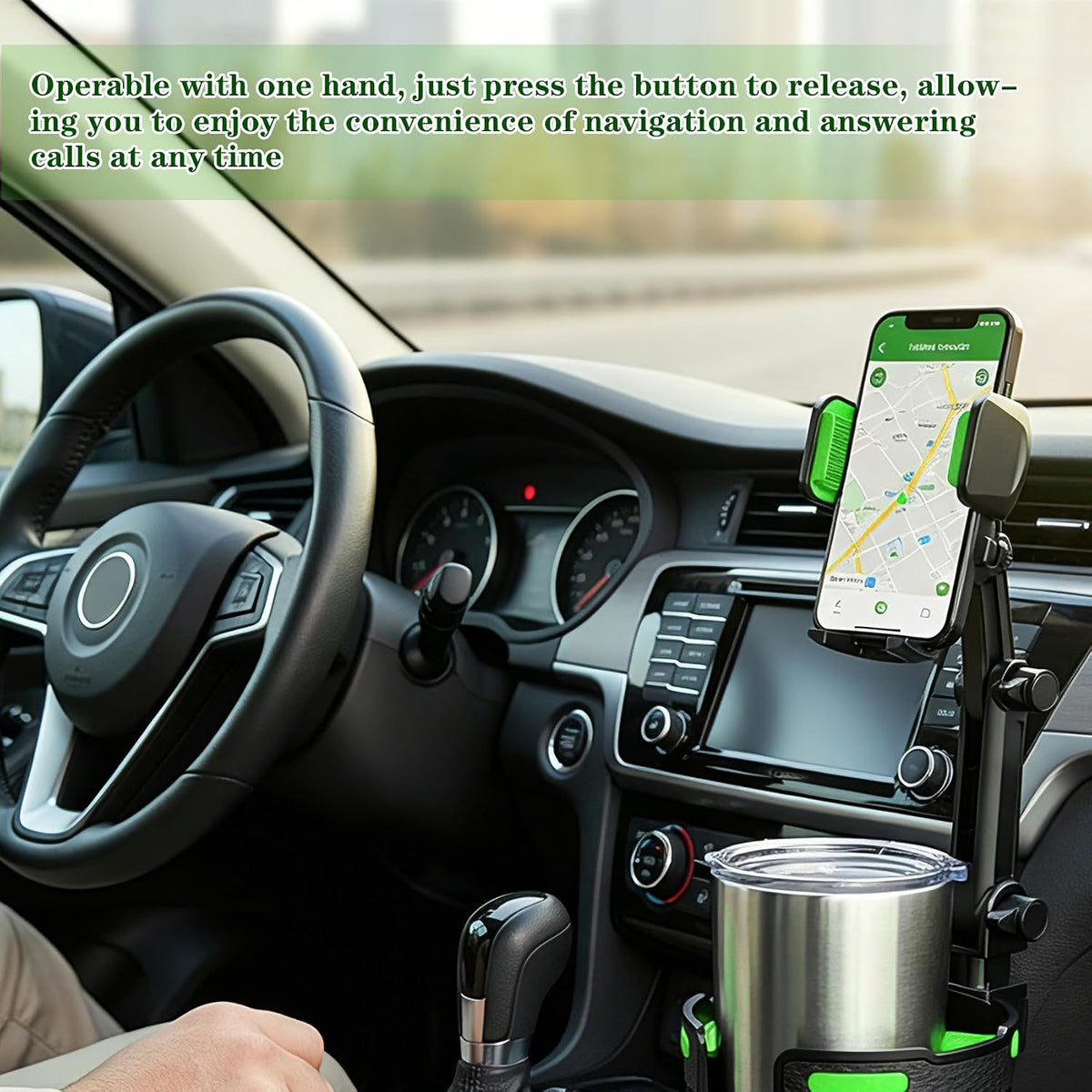 Cup Phone Holders for Your Car, Cup Holder Phone Mount, 2 in 1 Cup Holder Phone Mount with Adjustable Base, Car Cellphone Large Adapter Long Arm with 360 Degree Rotation for Vehicles (Green)