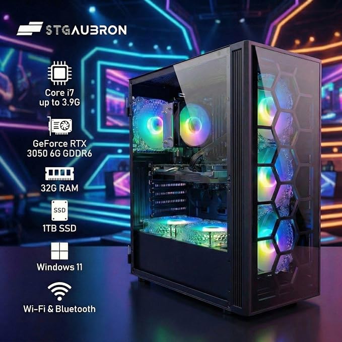 STGAubron Gaming PC Desktop,Core I7,RTX 3050 6G,32G RAM,1TB SSD | Gaming Computer Tower for Streaming,Video Editing,Home,School,I7 up to 3.9G,ARGB Fan,WiFi 6,BT 5.0,4K DP,HDMI,Win11 Home