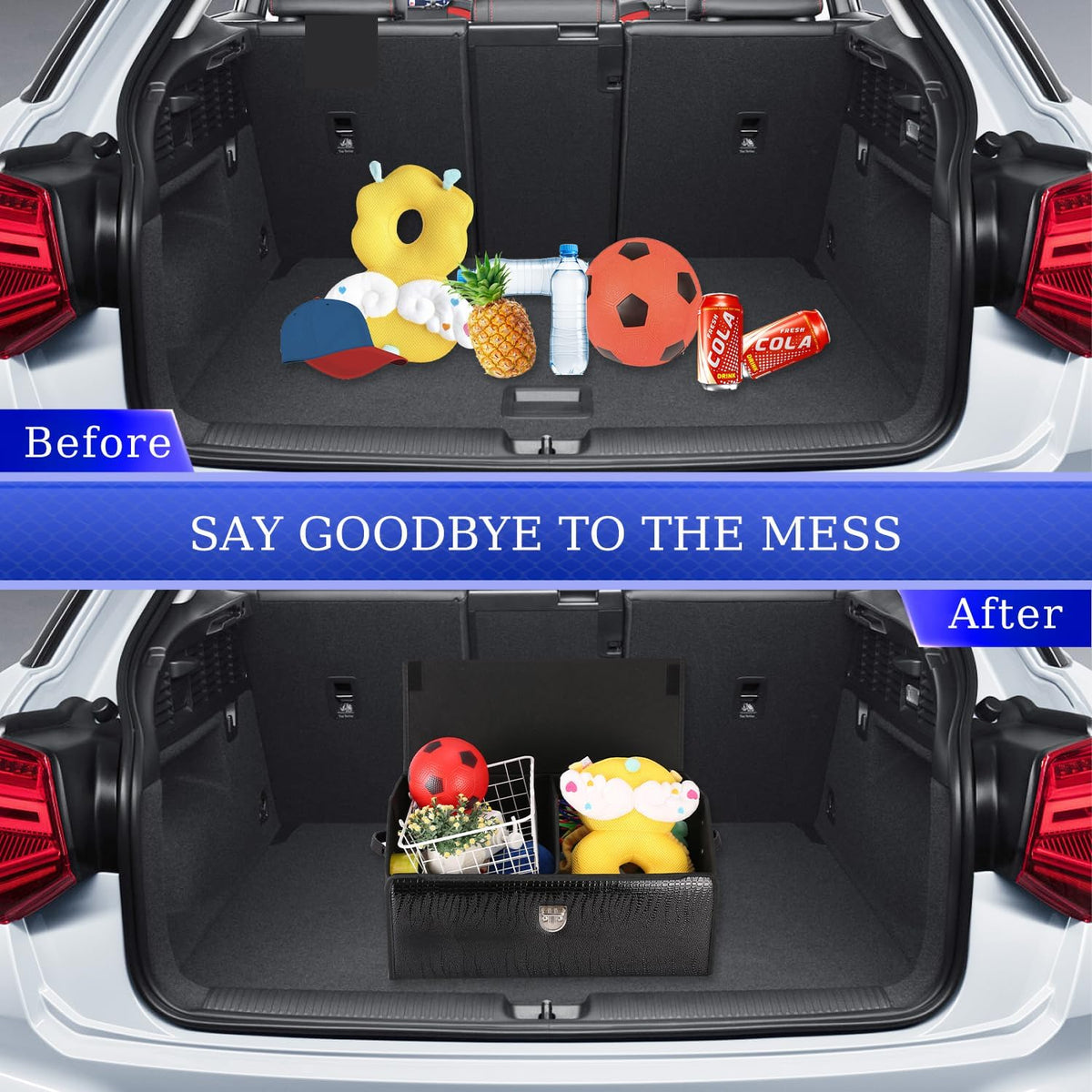Trunk Organizer for Car, SUV Trunk Organizer Leather Storage, Cargo Box-Automotive Consoles Organizers-Multi-Compartment Adjustable Auto Grocery Home Storage Box