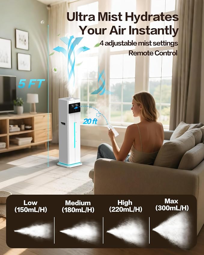 Cool Mist Humidifiers for Bedroom, Ultrasonic 2.4Gal 9L Quiet Top-Fill, Easy Clean with Essential Oil Tray, 360°Nozzle, 4 Speed, Remote, 60H Runtime, for Baby, Adults, Plants, Home, House, Large Room
