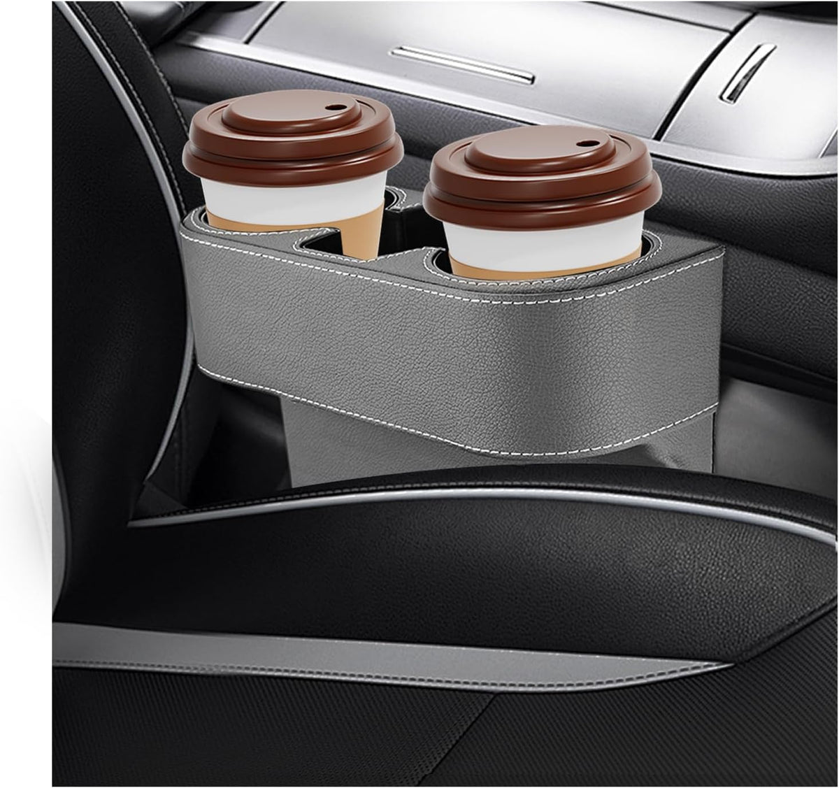Car Seat Gap Filler Organizer, Leather Auto Front Seat Storage Organizer with Cup Holder, Multifunctional Cup Drink Holder Side Extra Coin Bucket for Cars Trucks SUVs (Black)