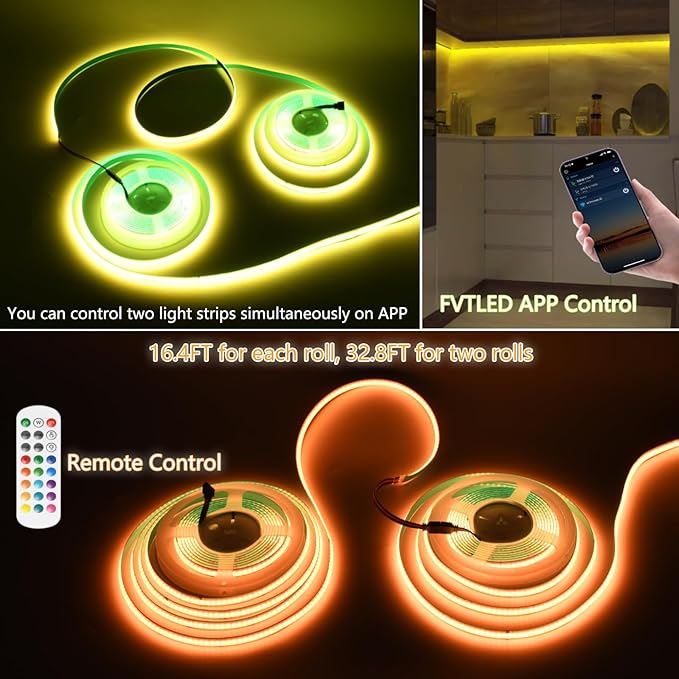 INDARUN RGB COB Led Strip Light 32.FT/10M(2 Rolls of 16.4FT/5M), COB Led Strip 10mm Width/5760 LEDs, 24V Color Changing Led Strip Lights with Remote, Flexible Led Tape Light for TV Led Backlights