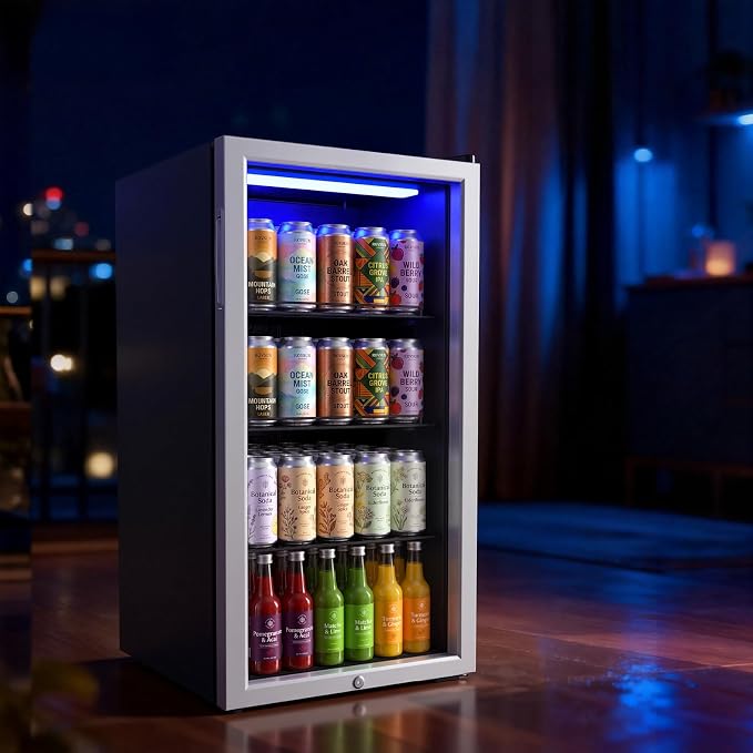 Bonnlo 130 Cans/3.3 Cu.Ft Beverage Refrigerator Cooler with Glass Door & Safety Lock, Quiet Mini Drink Fridge with Adjustable Shelf & Feet, Small Wine Cooler for Bedroom, Bar & Office, 32-50°F, 115V