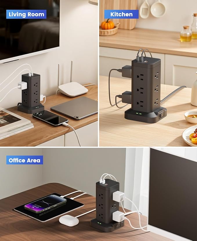 Power Strip Tower with Surge Protector 1800J, Fast Charging Tower PD20W USB-C Ports with 12 AC Outlets, 10ft Extension Cord for Home Office Dorm Room, Black