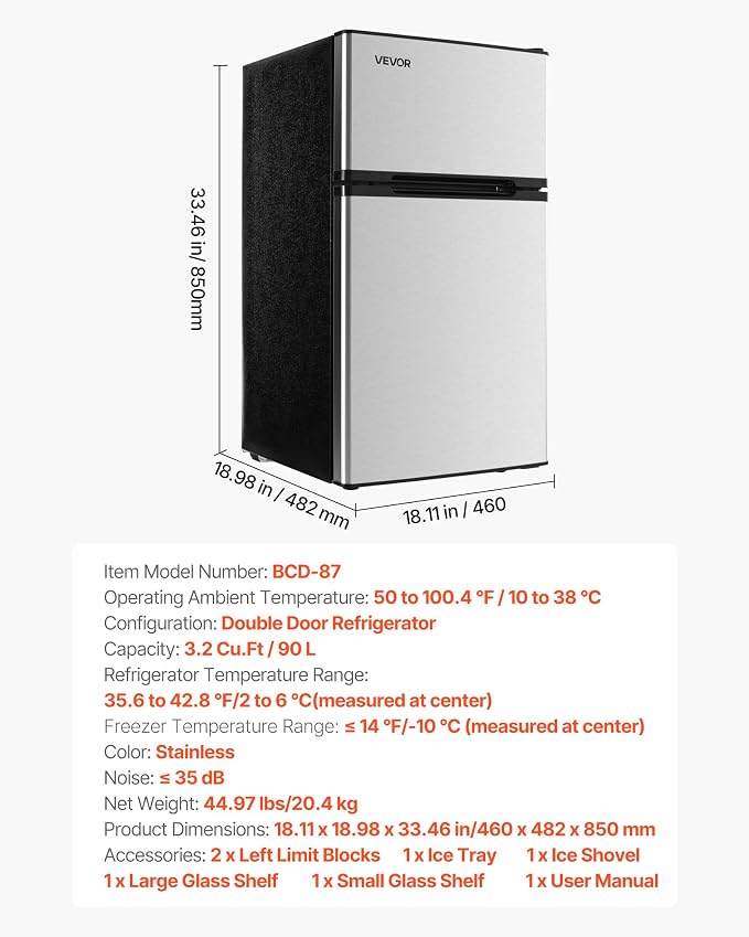 VEVOR Mini Fridge with Freezer, 3.2 Cu.Ft, Dual Zone Compact Refrigerator, 3 Modes Adjustable Temp, Energy Efficient Small Fridge, Reversible Door, Low Noise, for Bedroom, Dorm, Brushed Stainless