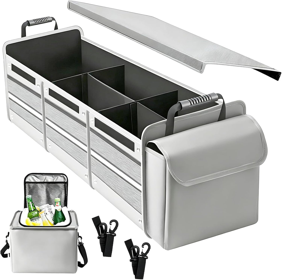 Car Trunk Organizer with Removable Cooler Bag - Collapsible Multi-Compartment Storage for SUV Truck Groceries Camping, Durable Nylon Auto Cargo Organizer (Green)