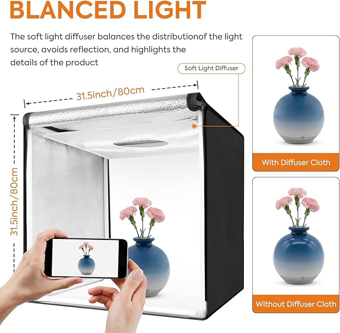 Bi-Color LED Photo Light Box 32x32 inch, Dimmable LEDs Product Photography