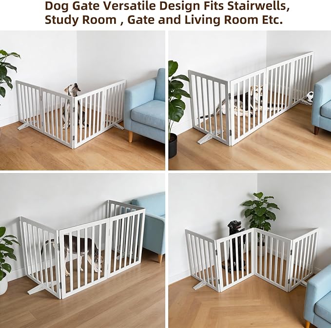 Dog Gate Indoor, Freestanding Dog Fence for The House, Doorways, Hallways,or Stairs,Pet Gate Foldable Wooden,Expandable 32" Height 4 Panels,White