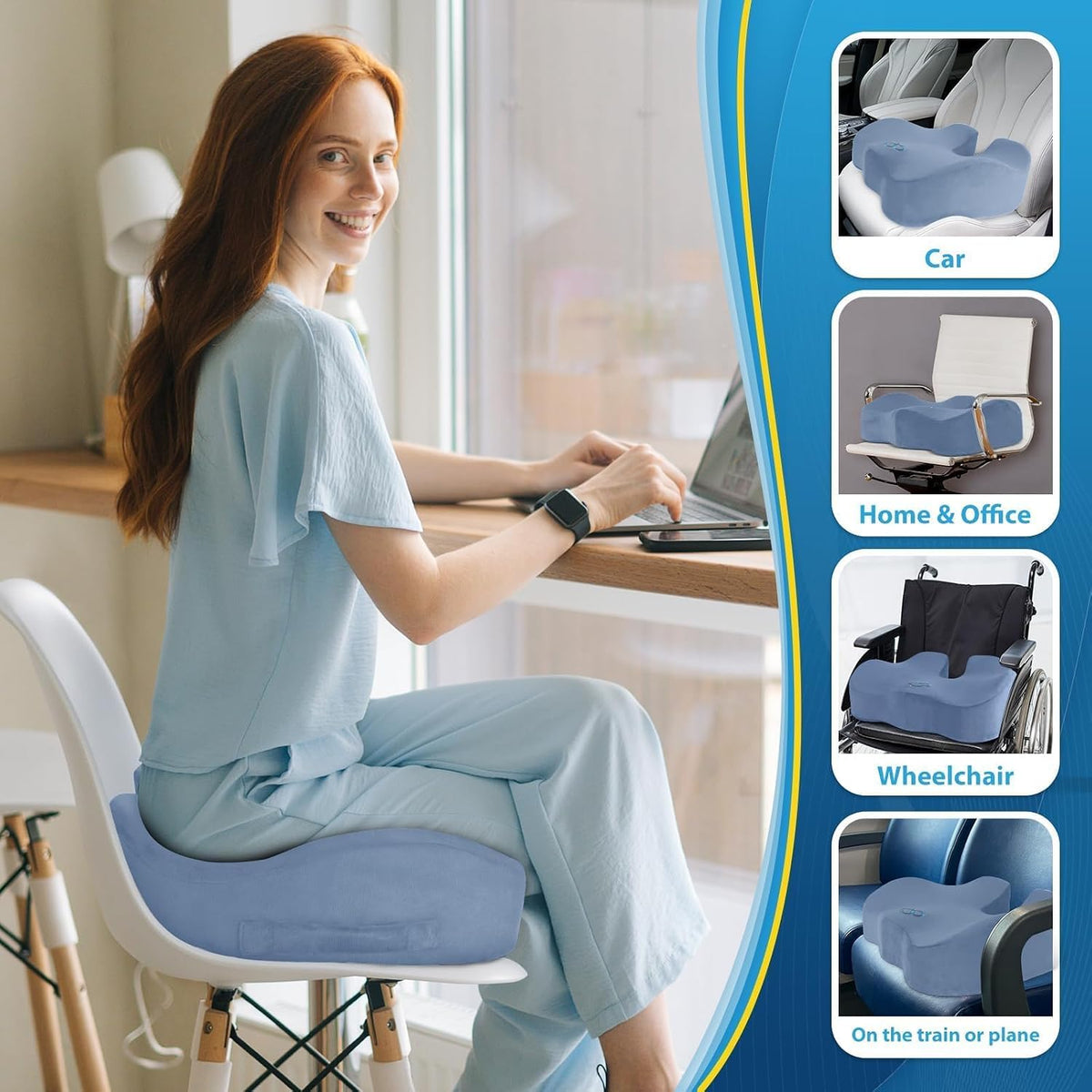 BlissTrends Memory Foam Seat Cushion for Office Chair & Car Seat, LightBlue
